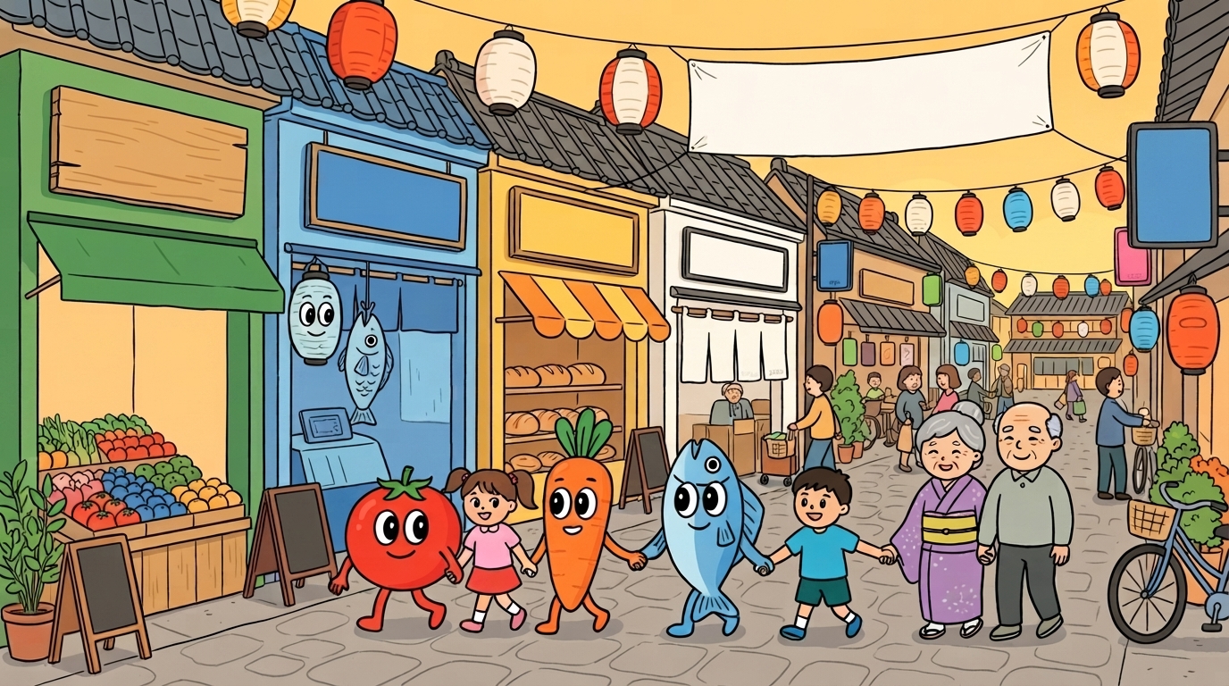 商店街で、食べもののキャラクターと子どもとお年寄りが手をつないで歩いているイラスト