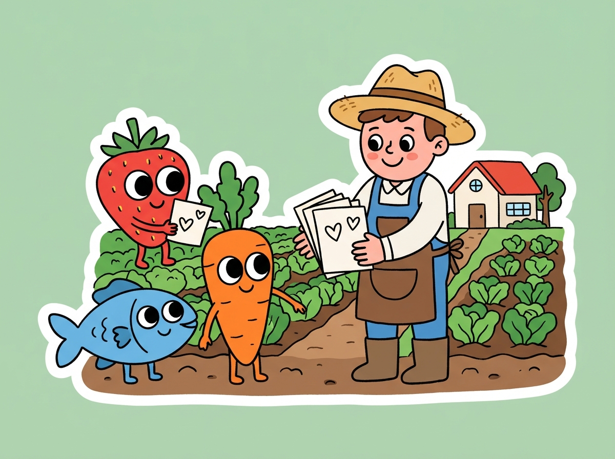 農家さんが子どもたちからのありがとうの手紙を受け取っているイラスト